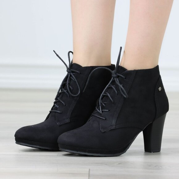 Womens Ankle Boots Lace Up Block Heel Booties Black Faux Suede - Picture 1 of 12